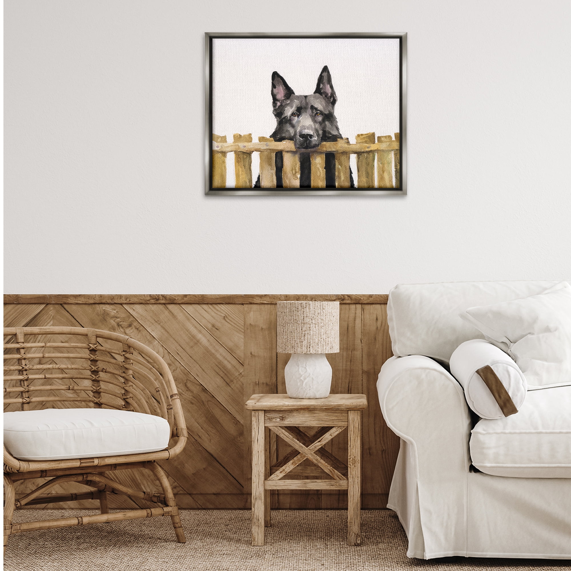 Stupell Industries Black German Shepherd Animals Painting Gray Floater Framed Canvas Art Print Wall Art, 31 x 25