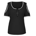 thumbnail image 3 of Blusa informal para mujer Cuello redondo Color sólido Fuera del hombro Cremallera Top Camisa suelta Tops para mujer Pompotops hfajkhk138339, 3 of 4