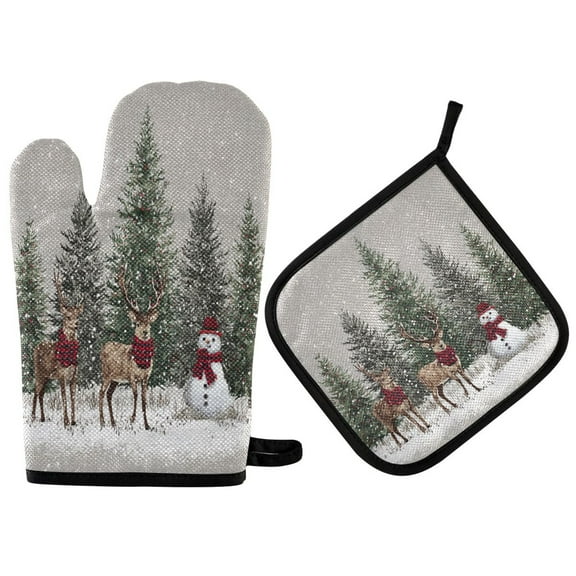 2 PCS Oven Baking Gloves Set Heat Resistant Oven Mitt & Pot Holder Set Cooking Mitts Kitchen Home Supplies Christmas Deer and Snowmen