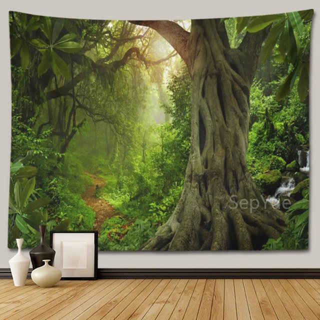 Tapiz de paisaje de árbol y bosque para colgar en la pared, decoración Hippie Boho, tapiz de tela grande, manta de tela estética para dormitorio