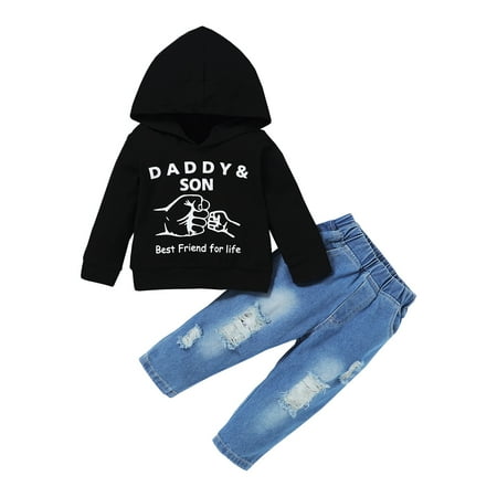 

NZRVAWS Toddler Baby Boys Outfits Long Sleeve Letter Print Hoodie Top +Ripped Jeans Pants 2Pcs Clothes Set 2-3T Black