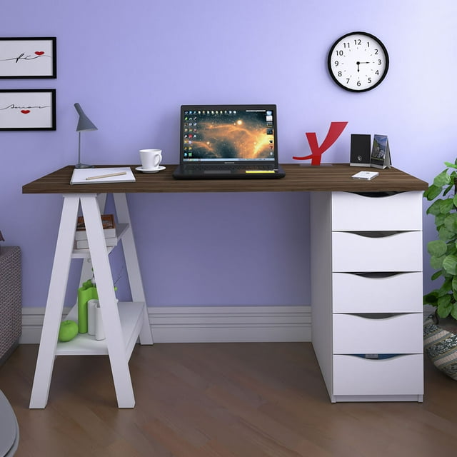 Escritorio Con Librero, Mesa De Computo, Centro De Computo Bertolini Spirit Nogal con Blanco