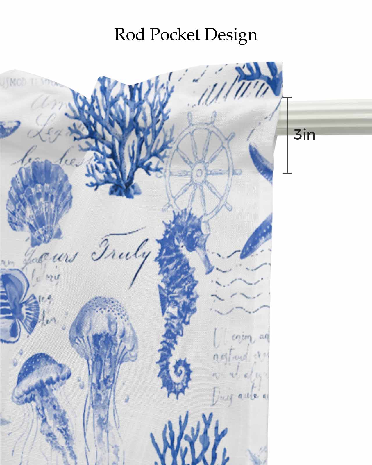 Blue Coastal Kitchen Valances for Windows Farmhouse Linen Window Valance Curtain for Living Room Window Treatment Ocean Nautical Coral Seahorse Starfish Valance Rod Pocket Topper Drape, 54 x 18 Inch