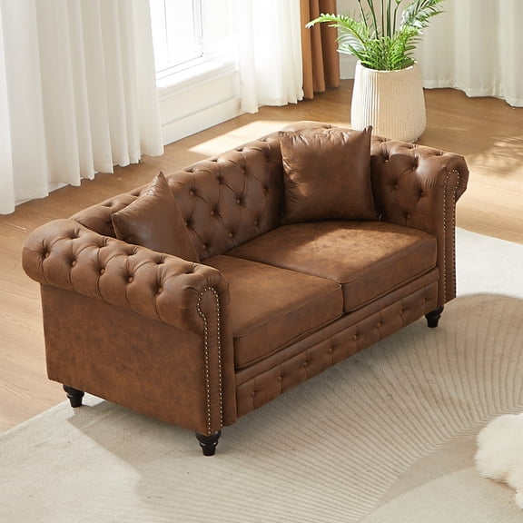 Hommoo 83.5"W Luxury Tech Fabric Chesterfield Loveseat, 2-Seater Sofa Couches with Button Tufted Design &Rolled Arms, Brown
