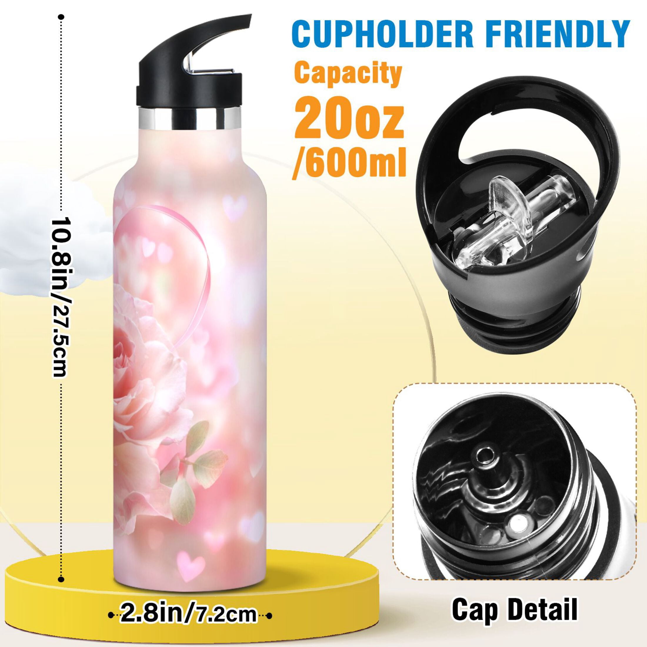 Kids Insulated Stainless Steel Sports Water Bottle 600ml Pink Roses and Ribbons