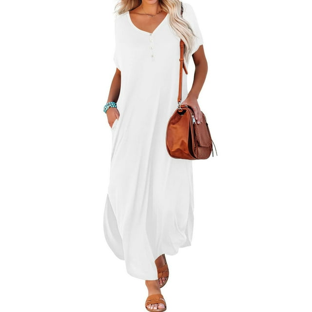Robes d'Été pour Femmes 2023 Midi Robe d'Été Décontractée à Manches Courtes Col en V Robe Longue de Plage Décontractée avec Poches Robes de Soirée pour Femmes Élégantes en Liquidation