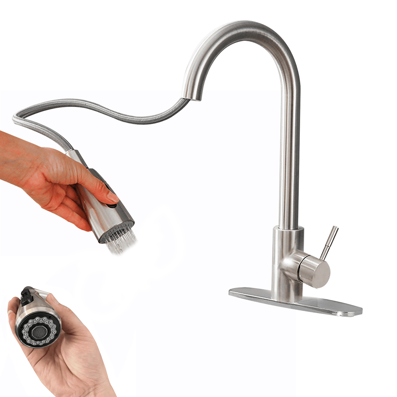 IFCOW Kitchen Sink Faucets,Stainless Steel Kitchen Sink Faucet with Pull Down Sprayer, High Arc Single Handle with Water Lines and Deck Plate to Cover Hole