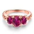 thumbnail image 3 of Gem Stone King 18K Rose Gold Plated Silver Red Created Ruby Filigree Style 3 Stone Ring for Women (2.35 Cttw, Oval 8X6MM and 6X4MM) (Size 7), 3 of 6