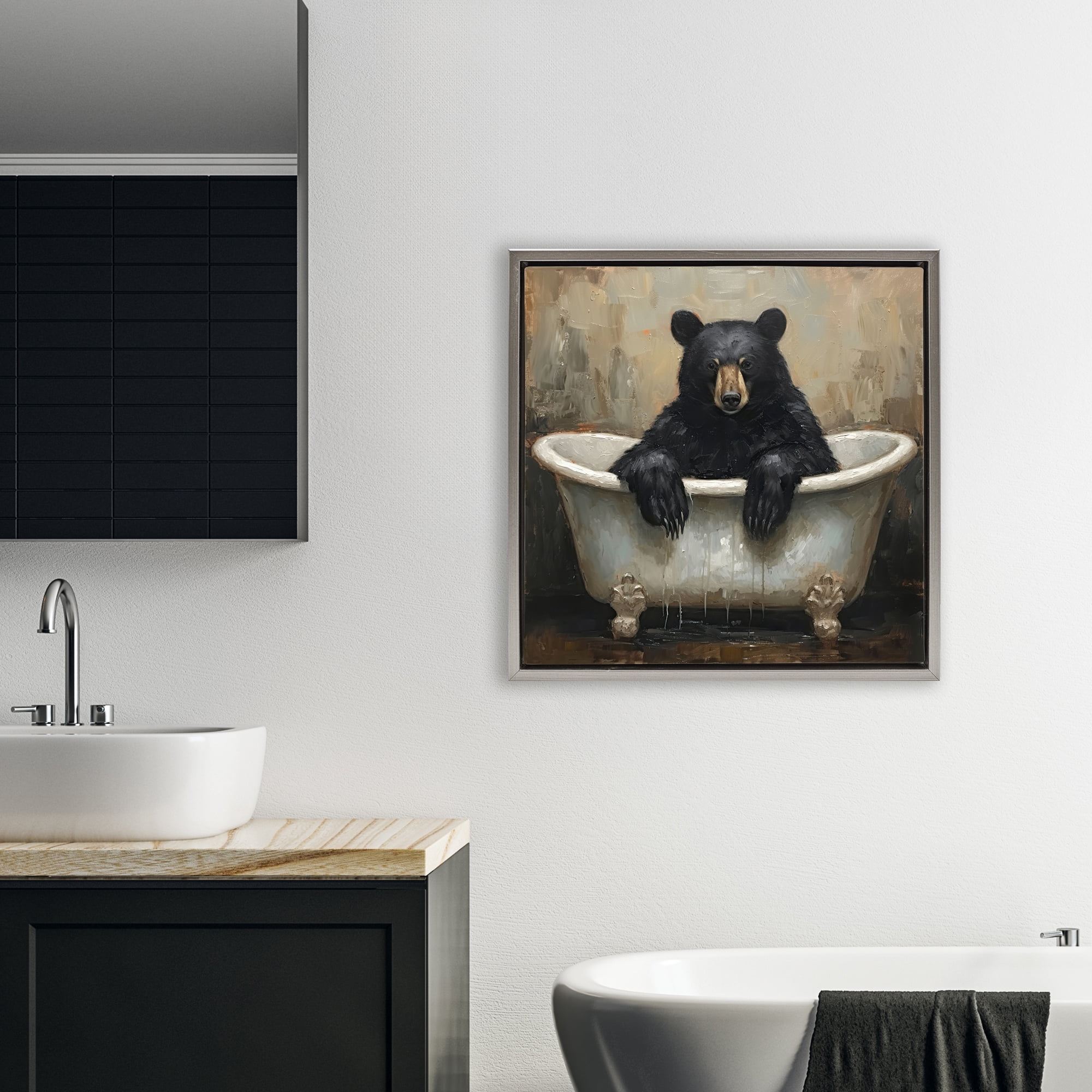 Stupell Industries Black Bear Bath Time Gray Framed Floater Canvas Wall Art, design by Tina LeCour