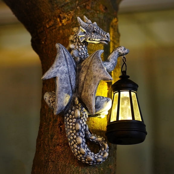 Calorisma Dragon Tree Hugger Solar Lantern Garden Statue, 9.3 in Resin Dragon Outdoor Decor for Yard, Patio, Tree, Fence