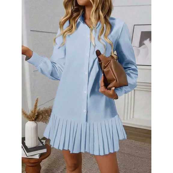 Baby Blue Womens Solid Pleated Shirt Dress With Collar, Front Button Closure, And Long Sleeves