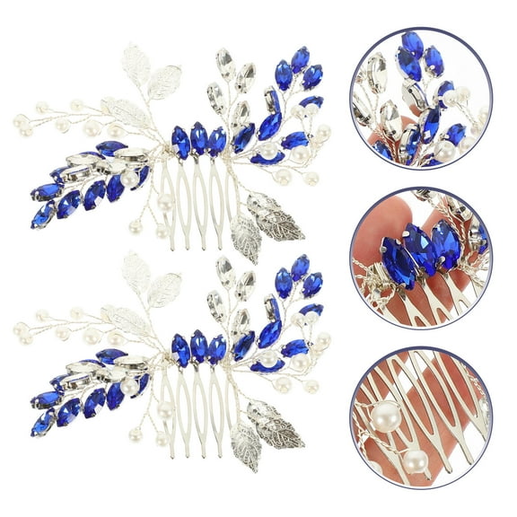 WASHWEPE Bridal Hair Accessory Blue Rhinestone 2Pcs 5.1x3x0.4In