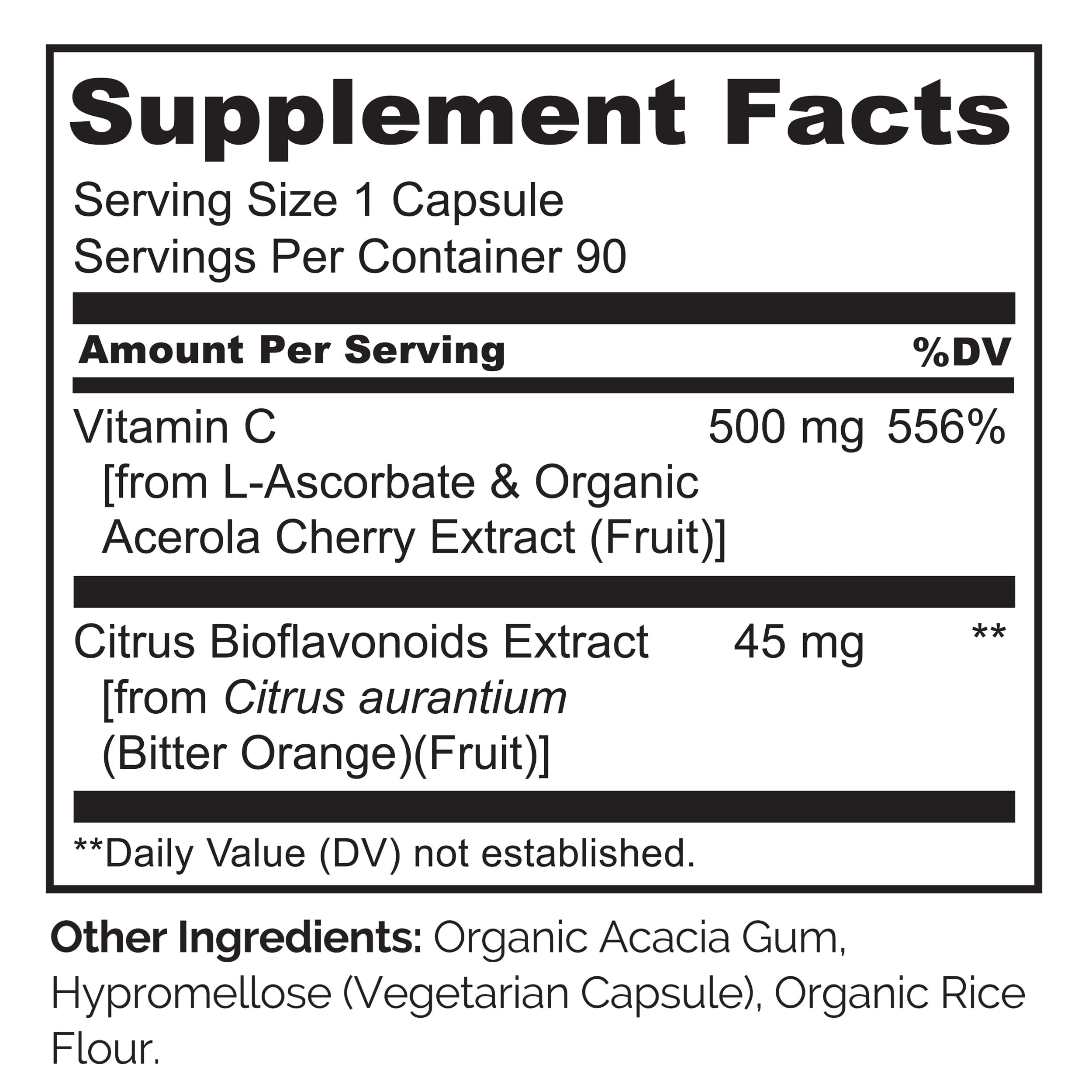 NATURELO Vitamin C with Organic Acerola Cherry Extract and Citrus Bioflavonoids - Vegan Supplement - Immune Support - 500 mg VIT C per Cap - Non-GMO - 90 Capsules