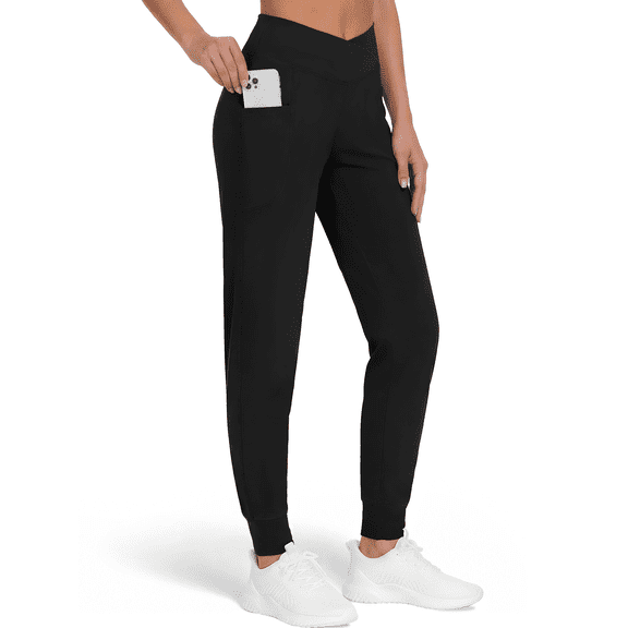 Rosvigor Yoga Joggers Women Athletic Leggings Pants Elastic Crossover High Waisted Tapered Lounge Pants with Pockets