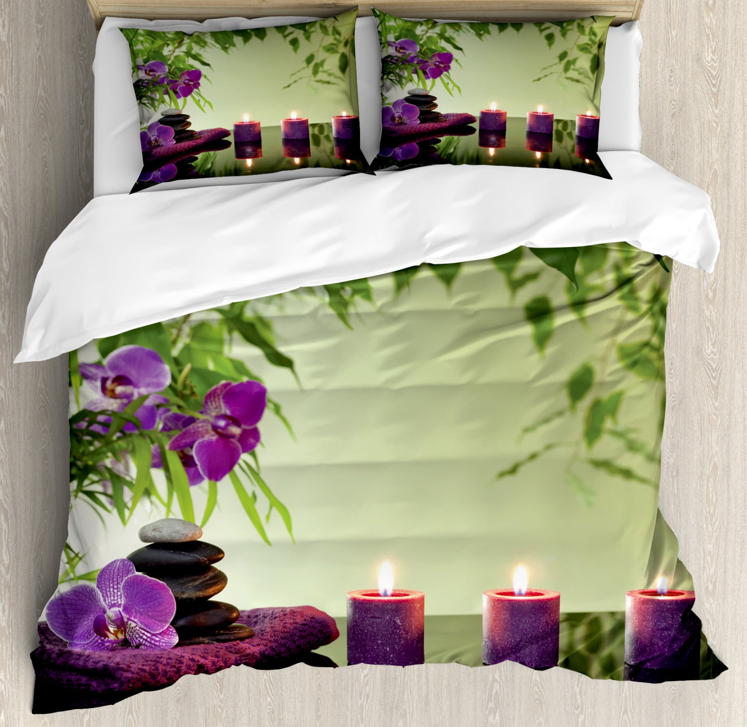 Spa Duvet Cover Set, Zen Stones Aromatic Candles and Orchids Blooms