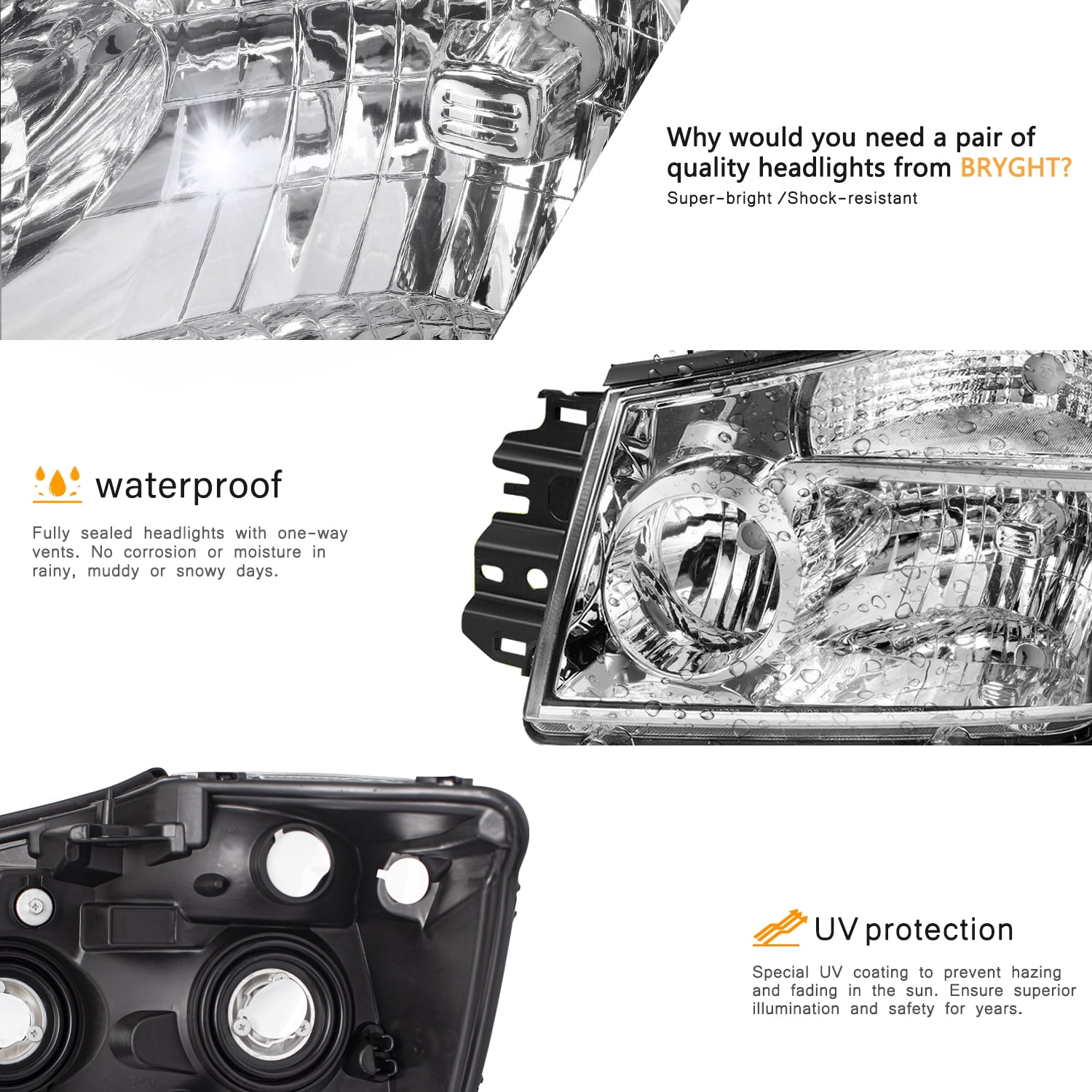 For 2004-2015 Nissan Titan/04-07 Armada Chrome Headlights 04-05 Headlamps Pair
