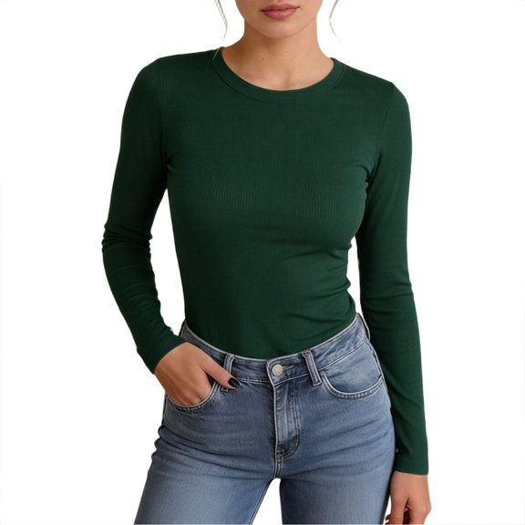 Graphic Tees for Women T-Shirts Women's Long Sleeve Stretch Crewneck Ribbed T Shirt Fitted Casual Basic Tops Blue L