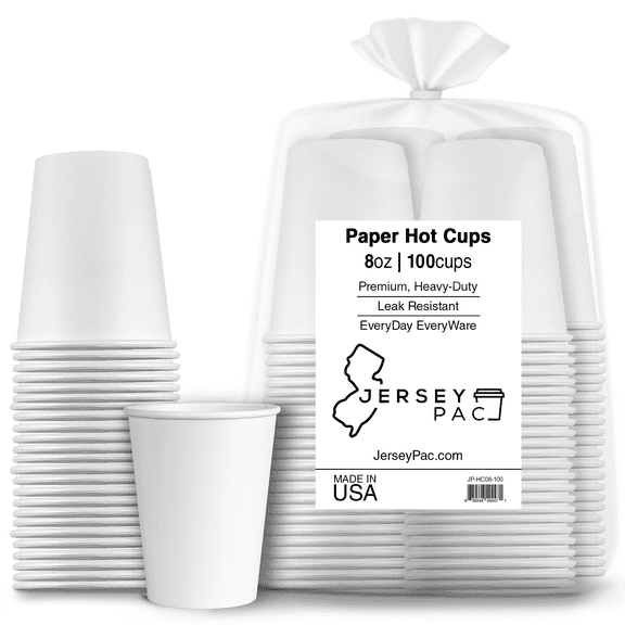 JerseyPac 8Oz Disposable Paper Hot Cups (100-Count) Hot Coffee, Tea, Cocoa Party Use - Thick, Heavy-Duty, Leak-Resistant Drinkware - Recyclable, Eco-Friendly - White