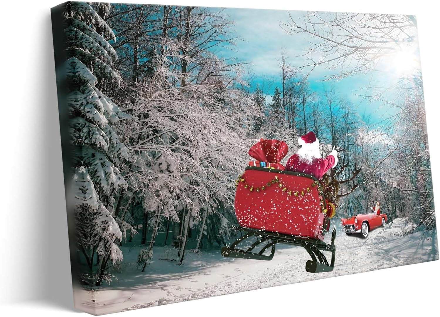 Christmas canvas wall art decor, Santa Claus on Sleigh with Gifts and Red Car in Snowy Forest, Festive Canvas Print for Living Room or Office, Holiday Home Decor for a Joyful Atmosphere 16X20inch