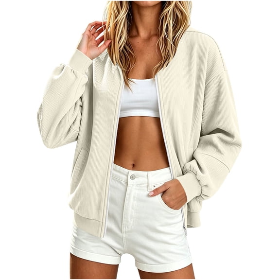 HAiming Corduroy Jackets for Women Long Sleeve Full Zip Solid Color Casual Jackets Fall Winter Going out Jackets