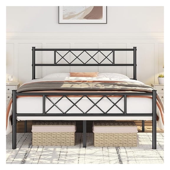 Wrought Iron Full Bed Frame XYT Black Metal Platform For Bedroom Mattress Support With Headboard Footboard