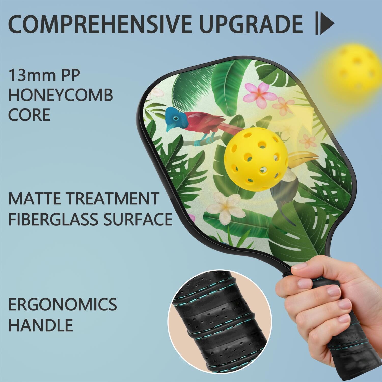 Pickleball Paddles Set Of 2, Fiberglass Surface, Tropical Jungle Print, 4 Balls & Bag