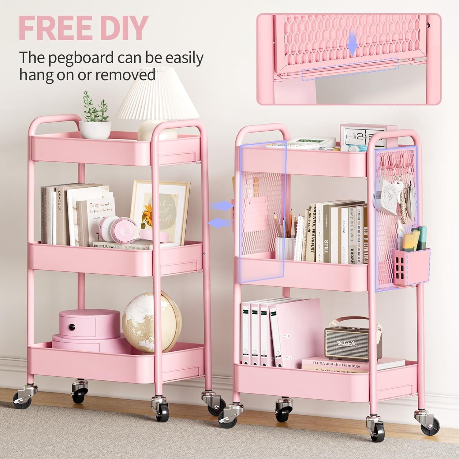 3 Tier Rolling Cart Storage Organizer, Metal Rolling Utility Cart with Wheels, Hooks & Bins Esthetician Craft Art Sturdy Storage with Pegboard for Bathroom, Kitchen, Office, Nursery Diaper