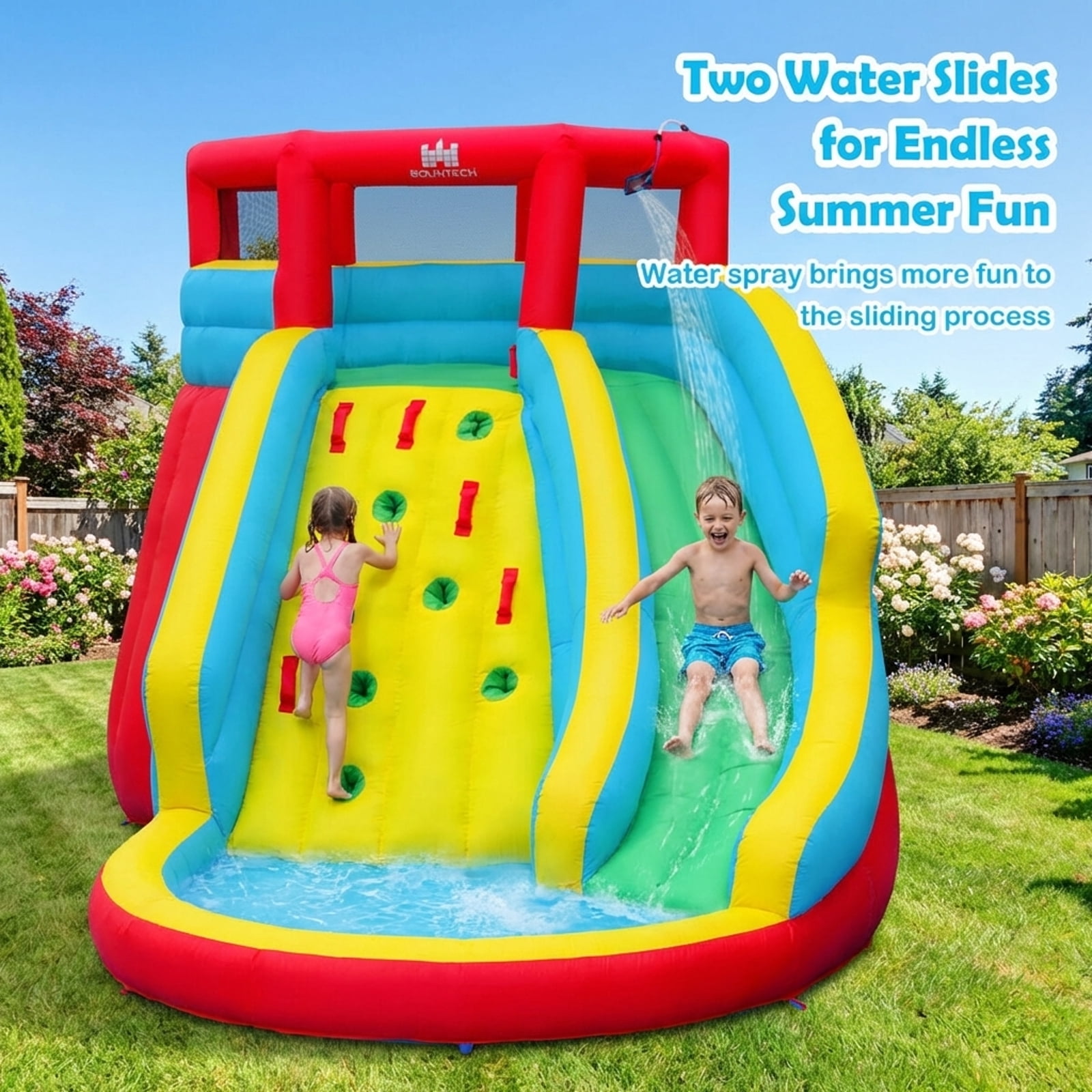 Redsmile Inflatable Water Park Bounce House with Double Slide and Climbing Wall with 735W Blower - Multicolor