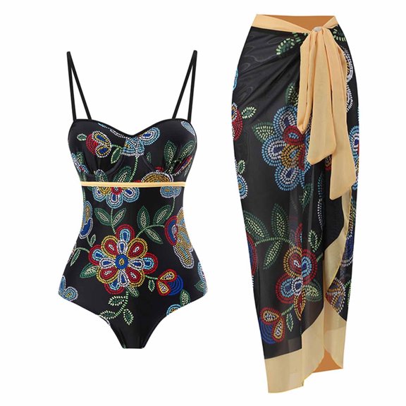 WREESH Womens One Piece Swimsuit Print Swim Suits Beach Cover Ups Swimsuit Bikini Lace Up Swimsuit Long Skirt Chiffon 2 Pcs Set Sleeveless Bathing Suits Black