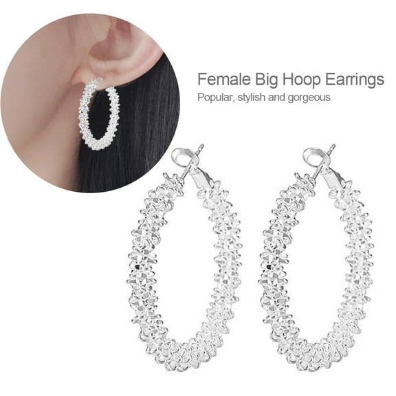 Women Big Hoop Earrings Large Loop Circle Alloy Jewelry Ear Rings (Silver)