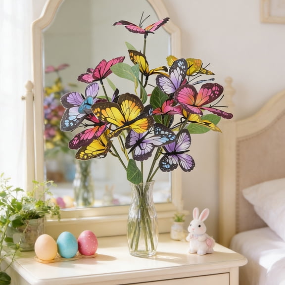 DAMAI Artificial Butterfly Decorations, 3D Colorful Faux Butterfly Stems with Leaves Silk Fake Butterflies Branches Arrangement for Table Centerpiece Wedding Home Party Decor