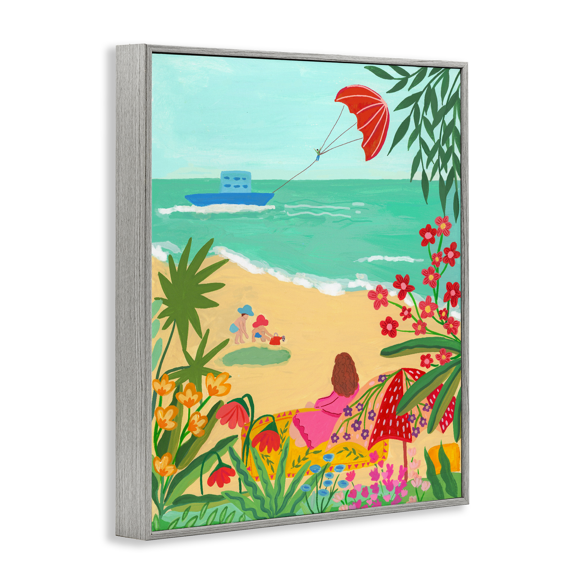 Beach And Flowers View Gray Framed Giclee Art, design by Nabeela Rumi