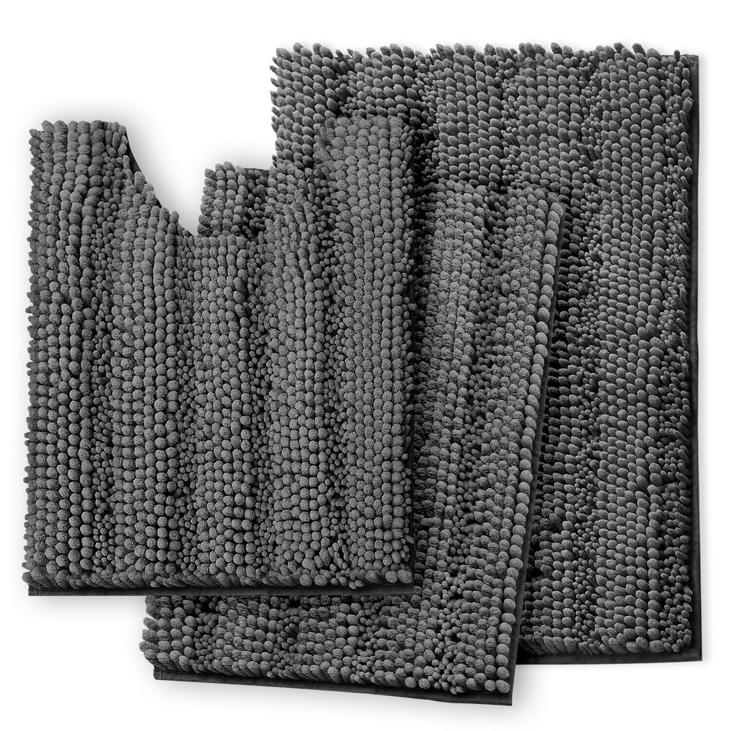 3 Pieces Bathroom Rugs Set Ultra Soft Non Slip and Absorbent Chenille Bath Rug, Gray Plush Bath Mats for Tub, Shower, Bathroom