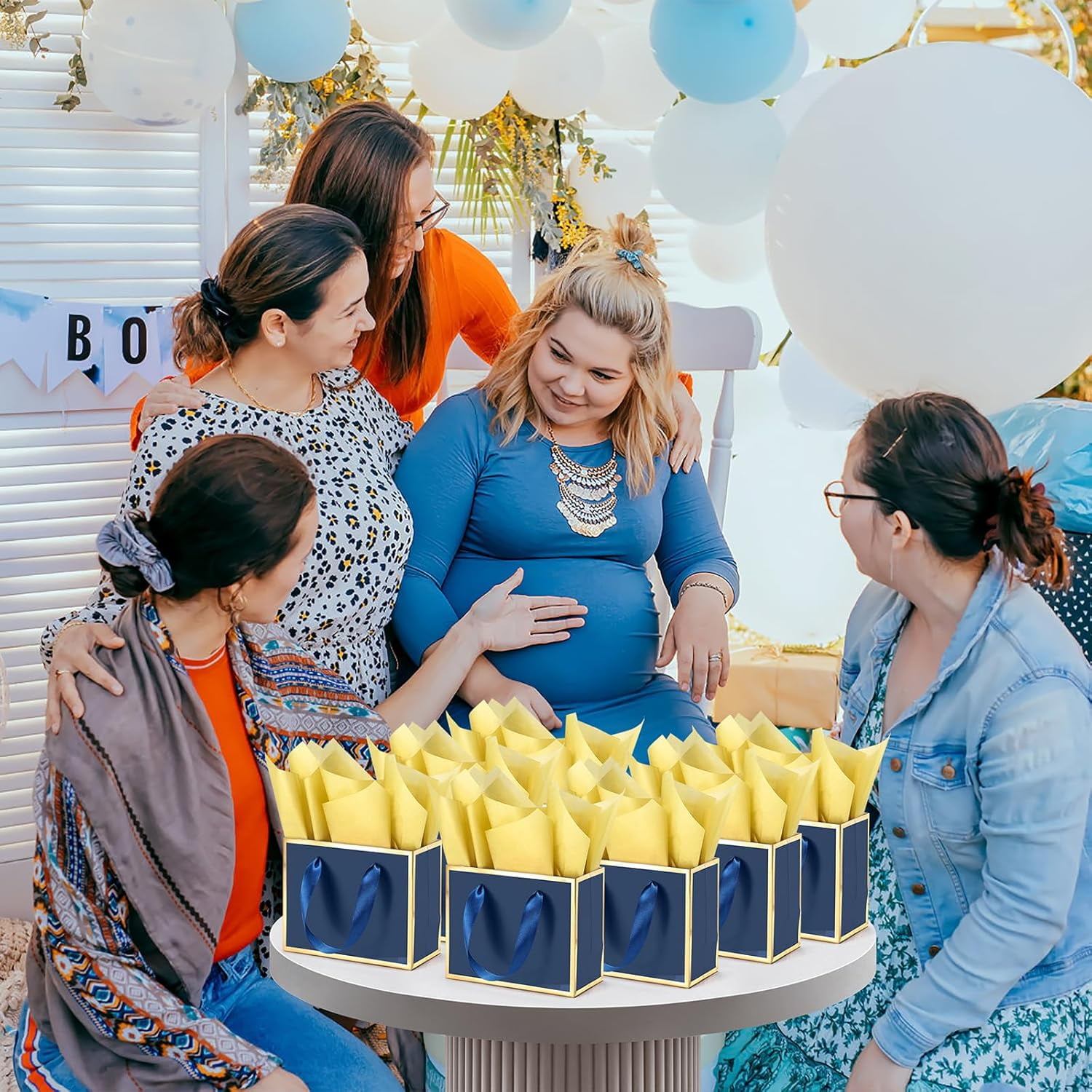 30 Pcs Small Metallic Foil Gift Bags with Handles, Blue Gold Thank You Favor Bag with Tissue Paper for Back to School Baby Shower Wedding Mother's Day Christmas Party (6.4x3.1x5.1 Inch)