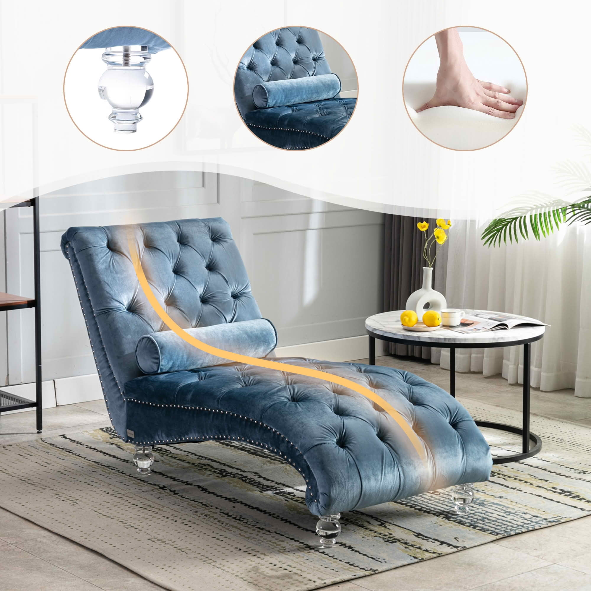 MAYEERTY Velvet Button Tufted Chaise Lounge with Pillow, Ergonomic S-Shape Indoor Lounge Chair with Wood Frame Acrylic Legs for Bedroom Living Room Office