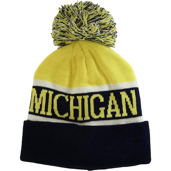 Michigan Wide Stripe Winter Knit Pom Beanie Hat (Gold/Dark Blue)