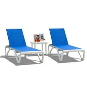 Domi Patio Chaise Lounge Chair Set of 3,Outdoor Aluminum Polypropylene Sunbathing Chair with Adjustable Backrest,Side Table,for Beach,Yard,Balcony,Poolside(2 Blue Chairs W/Table)