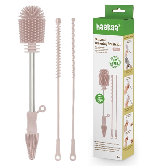 Haakaa Blush Silicone Cleaning Brush Kit – Multifunction 3-Piece Set for Bottles, Pumps & Accessories - Blush
