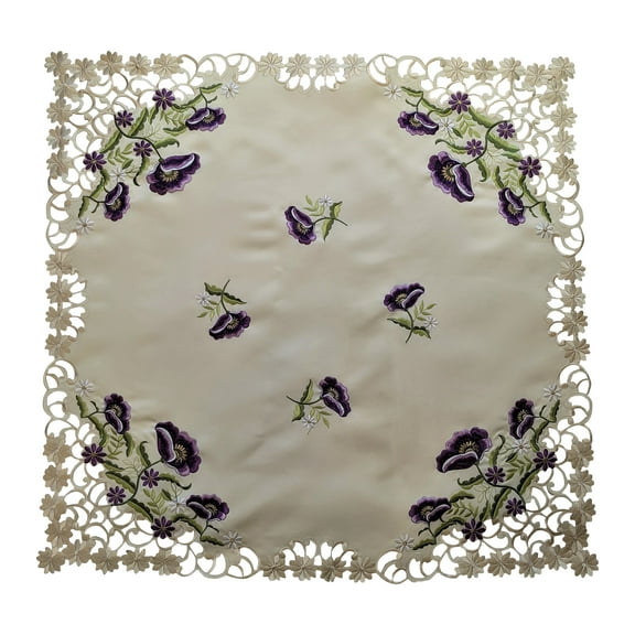 Doily Boutique Tablecloth or Table Topper Square Embroidered with Purple Poppy Flowers on Ivory Fabric Size 34 inches
