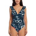 thumbnail image 2 of Yiaed Navy Blue Geometric Print Women's Ruffled One Piece Swimsuit V Neck Swimwear Slimming Monokini for Woman-Small, 2 of 8