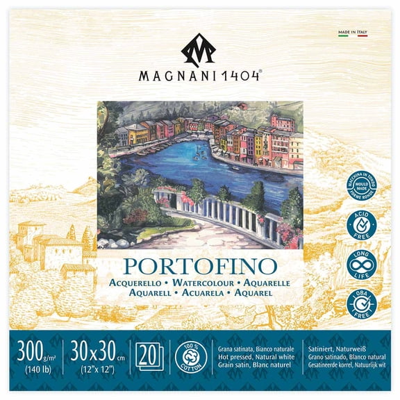 Magnani 1404 Portofino Hot Press 100% Cotton Watercolor Paper Pad, 20 Sheets, 140 lb, Acid-Free, UV Resistant, Deckled Edges, Vegan Sized Water Color Paper for Artists, Made in Italy
