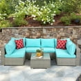 thumbnail image 1 of 7 Piece Outdoor Deck Furniture Sets with 6 Rattan Wicker Chairs, Coffee Table, All-Weather Patio Conversation Set with Blue Cushions for Backyard, Porch, Garden, Poolside, LLL1296, 1 of 8