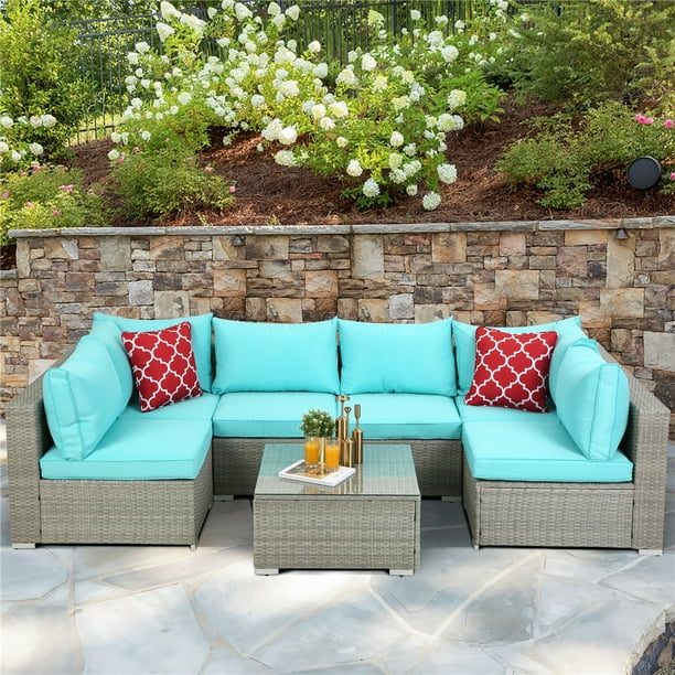 Clearance Wicker Patio Sets 7 Piece Furniture With 6 Rattan Chairs Coffee Table All Weather Conversation Set Blue Cushions For Backyard Garden Poolside Lll1294 Com Rattan Wicker Chairs, Patio Furniture Sets Clearance Outdoor Conversation With Weather Resistant Cushions
