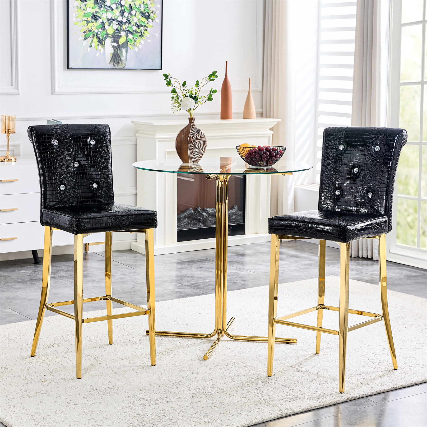 Alvantor Bar Stools Set of 2 Vintage Leather Bar Stools with Crystal Clasp Counter Stool Chairs for Kitchen Island Black