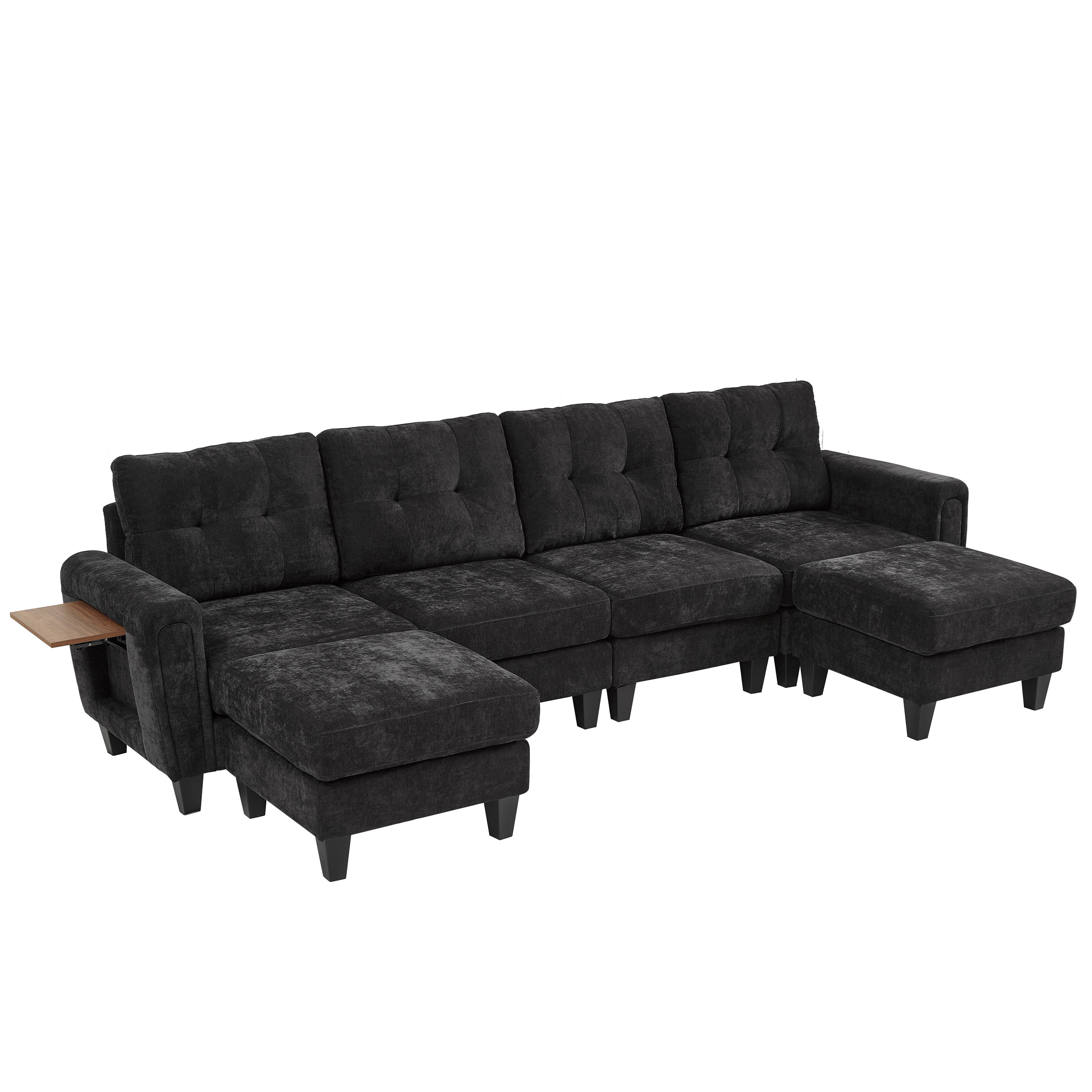 Euroco Modern Sectional Sofa 115" U-shaped Sofa Upholstered Sofa Couch with Two Movable Ottomans, USB Ports and Side Tables for Living Room, Black