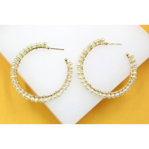 18K Gold Filled Wired Pearl Hoop Earrings (J194)