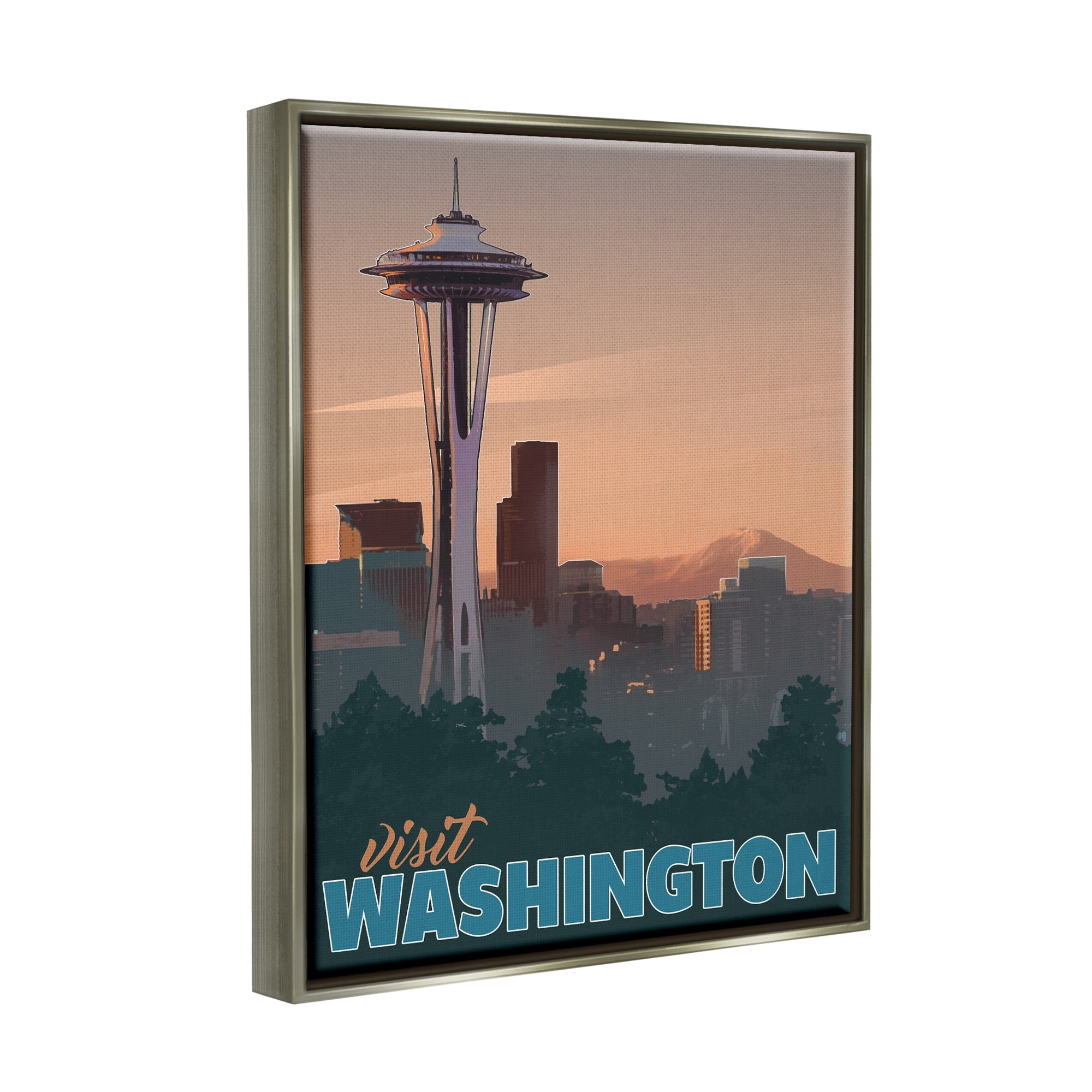Stupell Industries Visit Washington Urban Metropolis Space Needle Landmark Graphic Art Luster Gray Floating Framed Canvas Print Wall Art, Design by David Owens Illustration