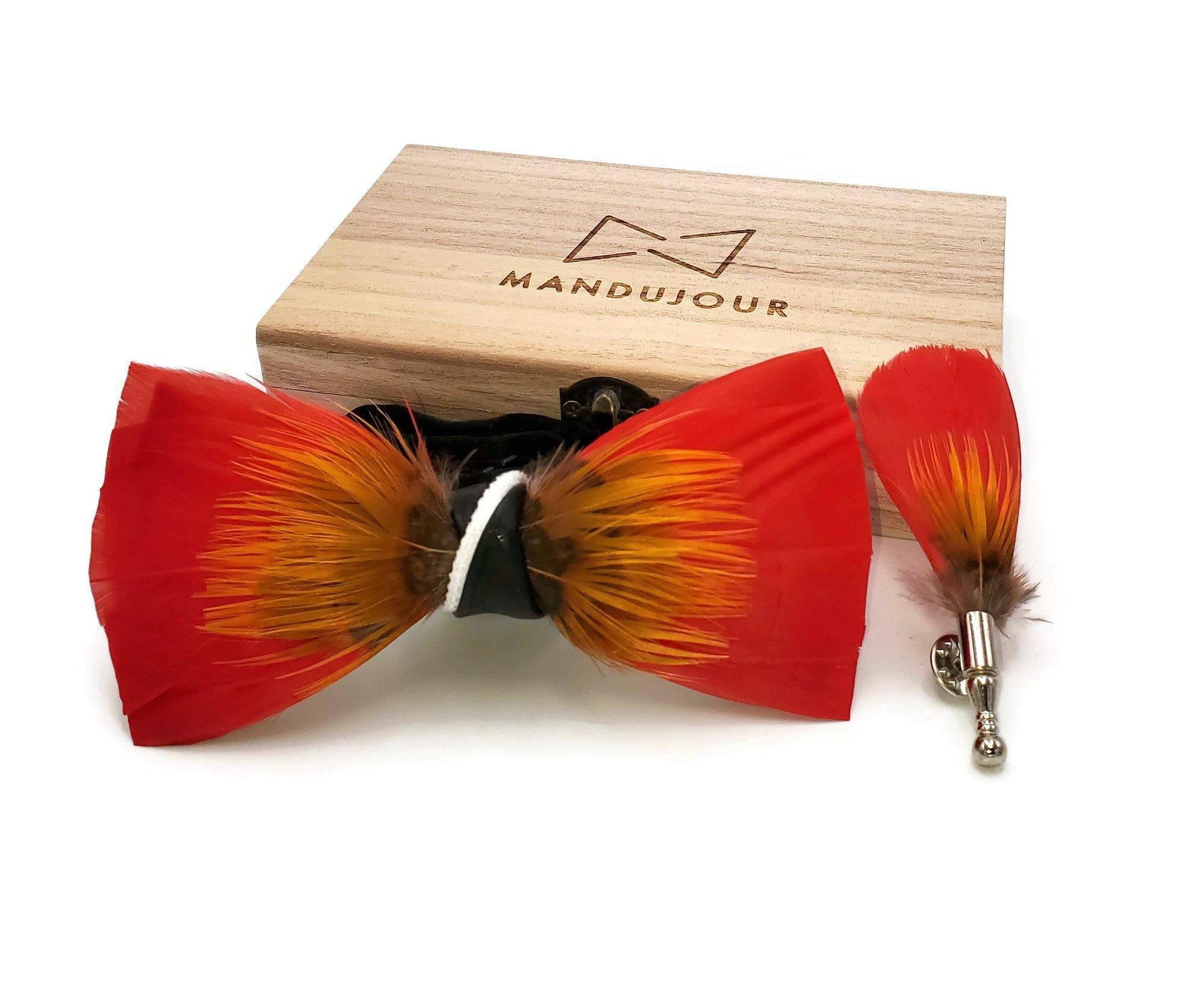 Mallard Duck Feather Bow Tie  with Lapel Pin Set Mandujour Handmade gift Set