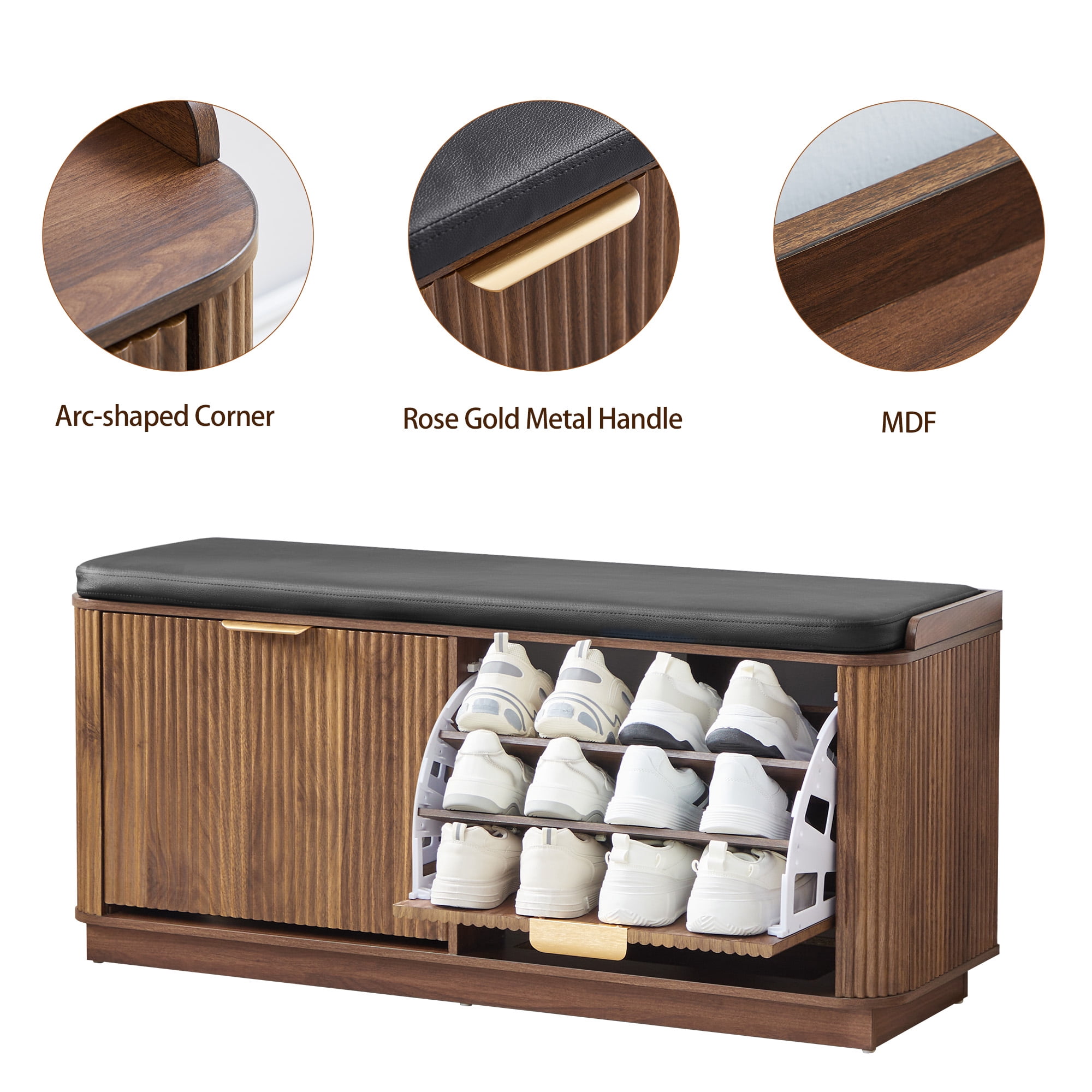 Wirrytor Fluted Shoe Storage Bench with Cushion and 2 Flip Drawers, 3-Tier Wooden Entryway Bench Shoe Organizer for Hallway Bedroom, Natural Wood