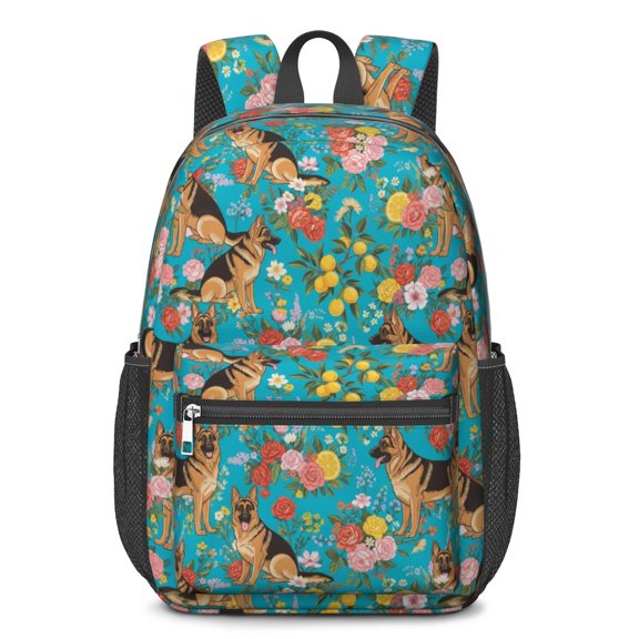 German Shepherd and Floral Blue 17" School Backpacks for Teens,Waterproof Oxford Fabric,S-Shape Padded Straps for School,Travel,Hiking,Camping